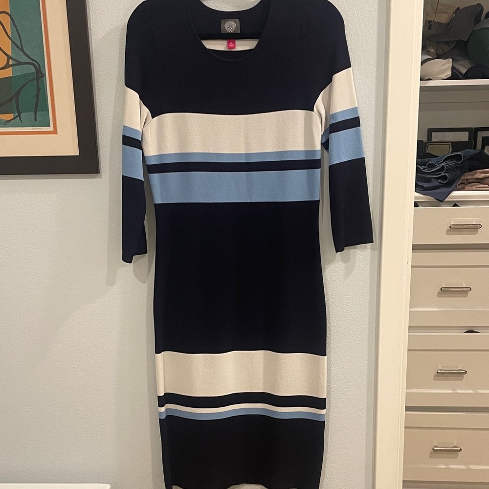 Elegant Striped Dress in Navy, White, and Blue Knit
